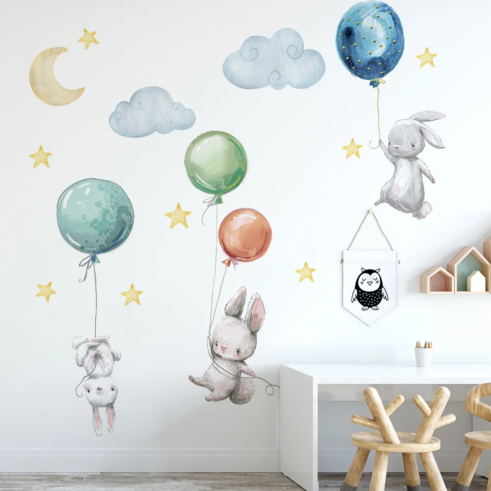 Simpatici adorabili conigli volanti adesivi murali palloncini Moon Star Cloud decalcomania rimovibile per bambini Nursery Baby Room Decor Poster