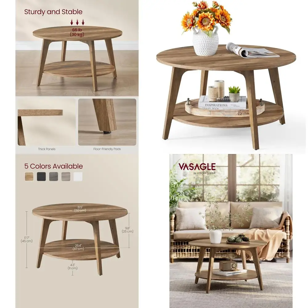 

Round 2-Tier Coffee Table with Storage, Tapered Legs, Curved Design, 31.5 Diameter x 17.7 Height, Easy Assembly for Living Room,