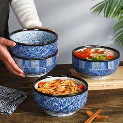 Japanese Blue Edo Wave Ripple Noodle Bowl Restaurant Ceramic Creative Hand Painted Commercial Soup Ramen Noodles Rice Bowl