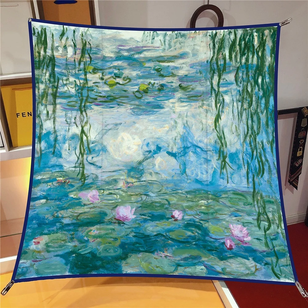 

Monet Oil Painting Willow Tree under the Lotus Decorative Shawl Large Square Scarf Headscarf Necktie Hanging Painting Scarf