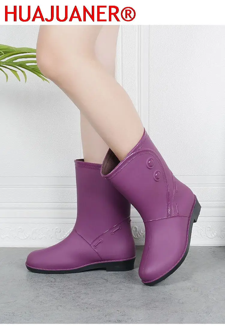 Rain Boot Women Plus Velvet Fashion Outer Wear Middle Women Raining Boots Waterproof Non-slip Ladies Adult Water Shoes