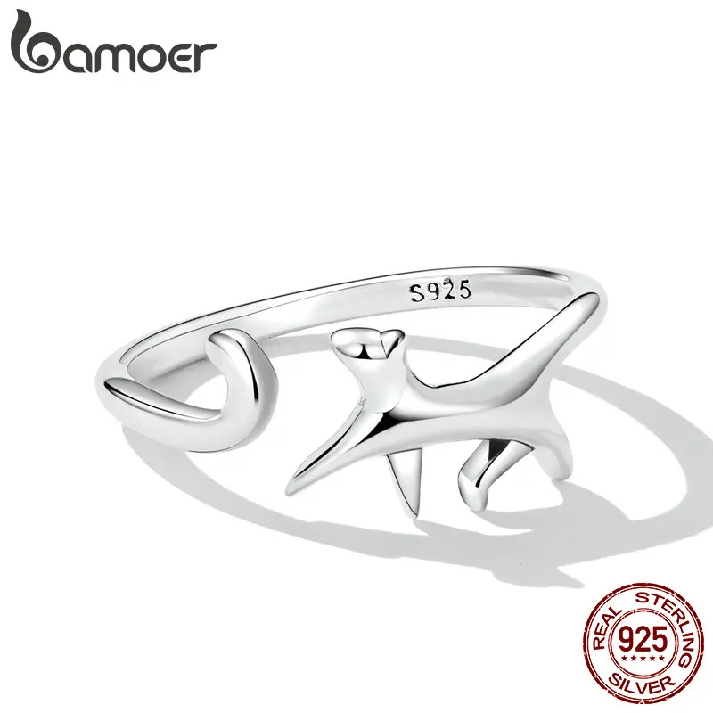 

Bamoer Walking Cat Open Ring 925 Sterling Silver Adjustable Ring Unique Animal Design