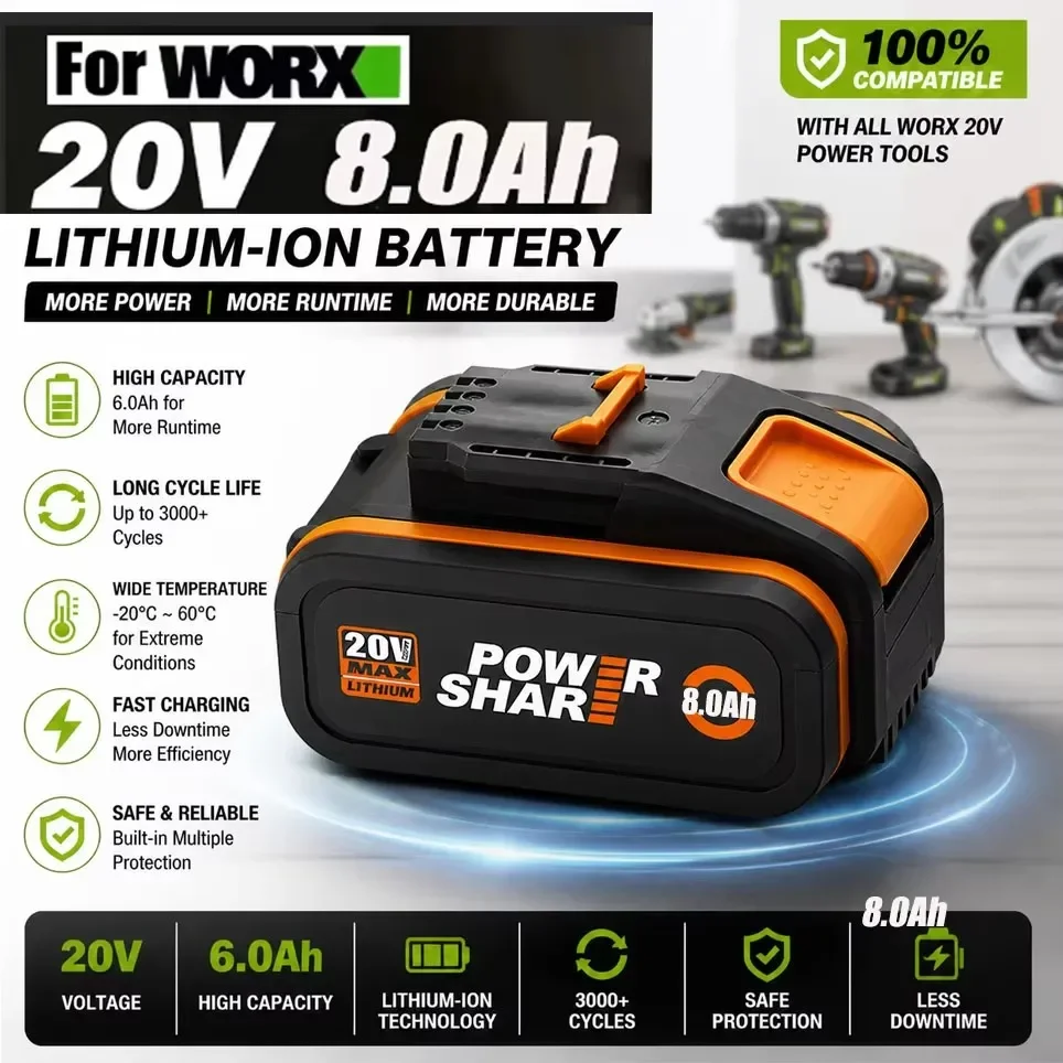 Batteria Li-ion da 6000mAh/8000mAh per WORX WA3520, compatibile con utensili Dewalt e modelli di utensili elettrici a batteria WORX 5pin WA3525 20V.