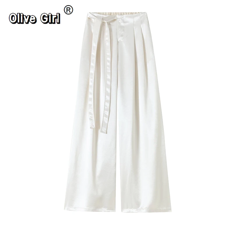 بنطلون نسائي عالي الخصر أنيق من الساتان واسع الساق كامل الطول سروال وشاحات 2026 برباط عالي الخصر بنطلون فضفاض غير رسمي أنثى #6