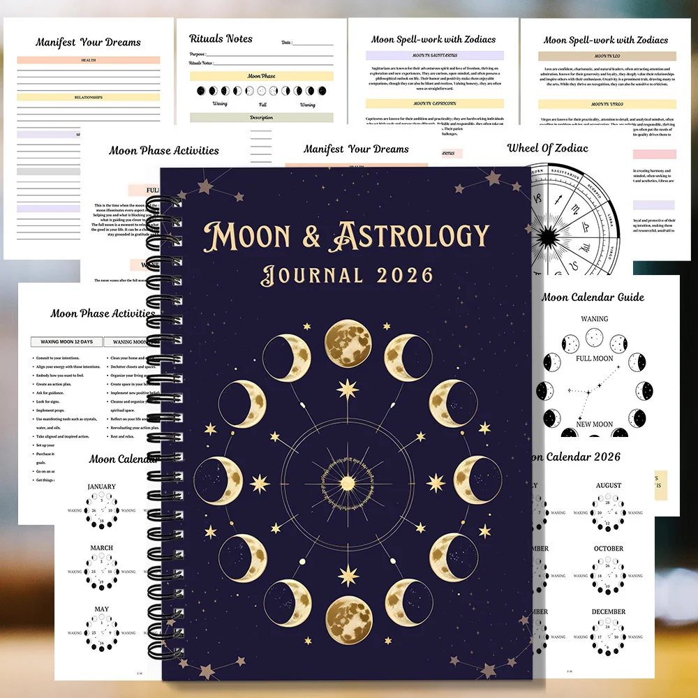 Quaderno A Spirale 1 Pezzo, Tema Fasi Lunari E Mappa Stellare Dettagliata - Diario Astrologico E Lunare 2026 A Spirale, Per Il Monitoraggio Lunare-image