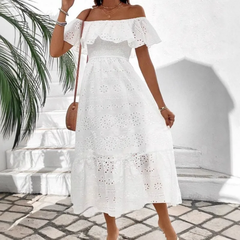 Vestido de Noiva Feminino Boêmio de Renda Longo Branco para Praia Novo Tomara que Caia Ombro Único Sexy Vestido Maxi de Baile para Mulheres Vestidos