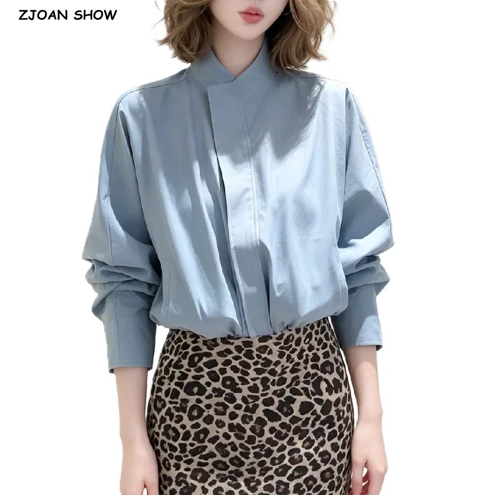 3 Colors Autumn Women Stand Collar Zip Up Batwing Sleeve Jacket Fold Elastic Hem Loose Short Causal Coat Outside Outerwear Blue