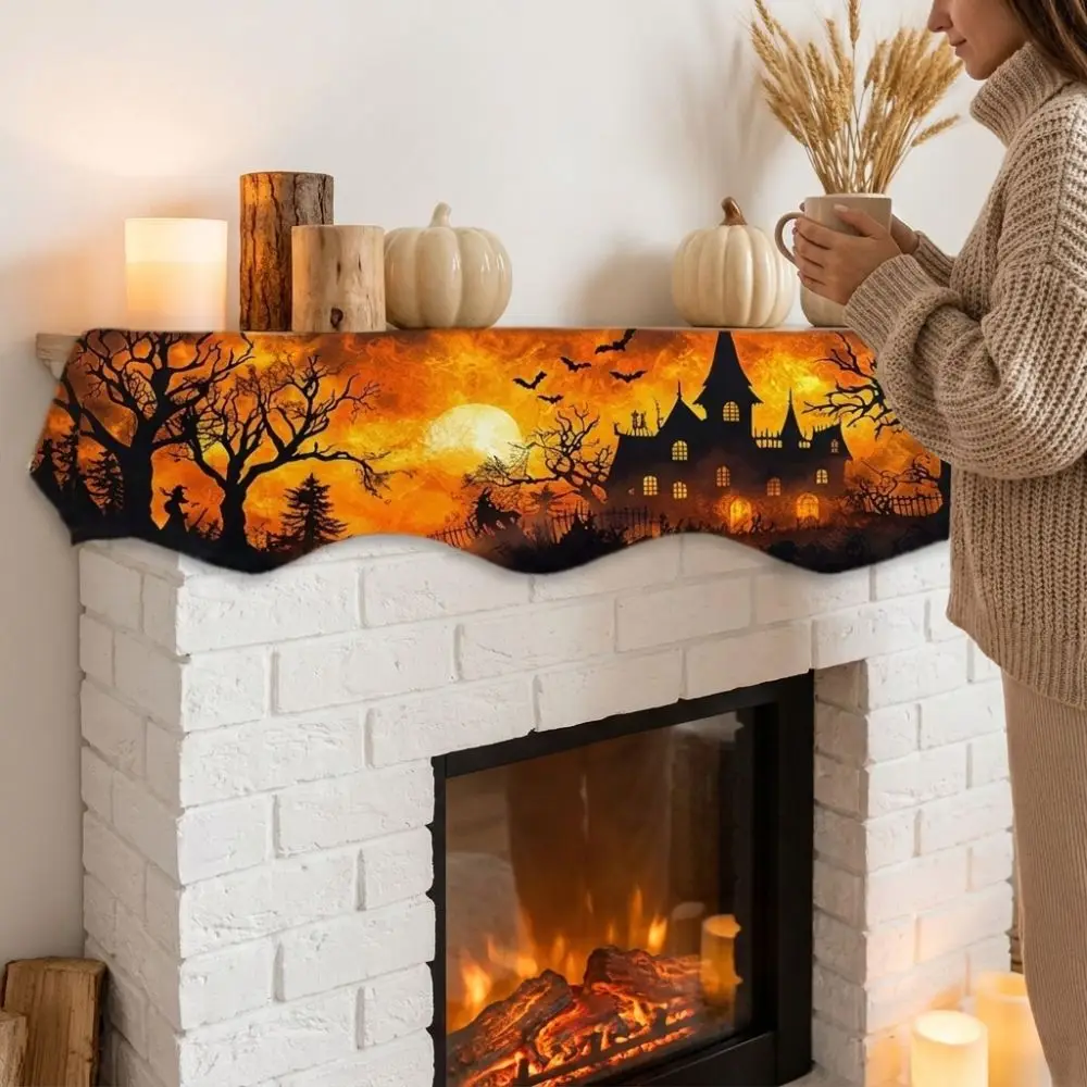 Scalloped Edge Halloween Mantel Scarf Country-Style Autumn Pattern Spooky Fireplace Topper Cute Ghost Pumpkin Theme