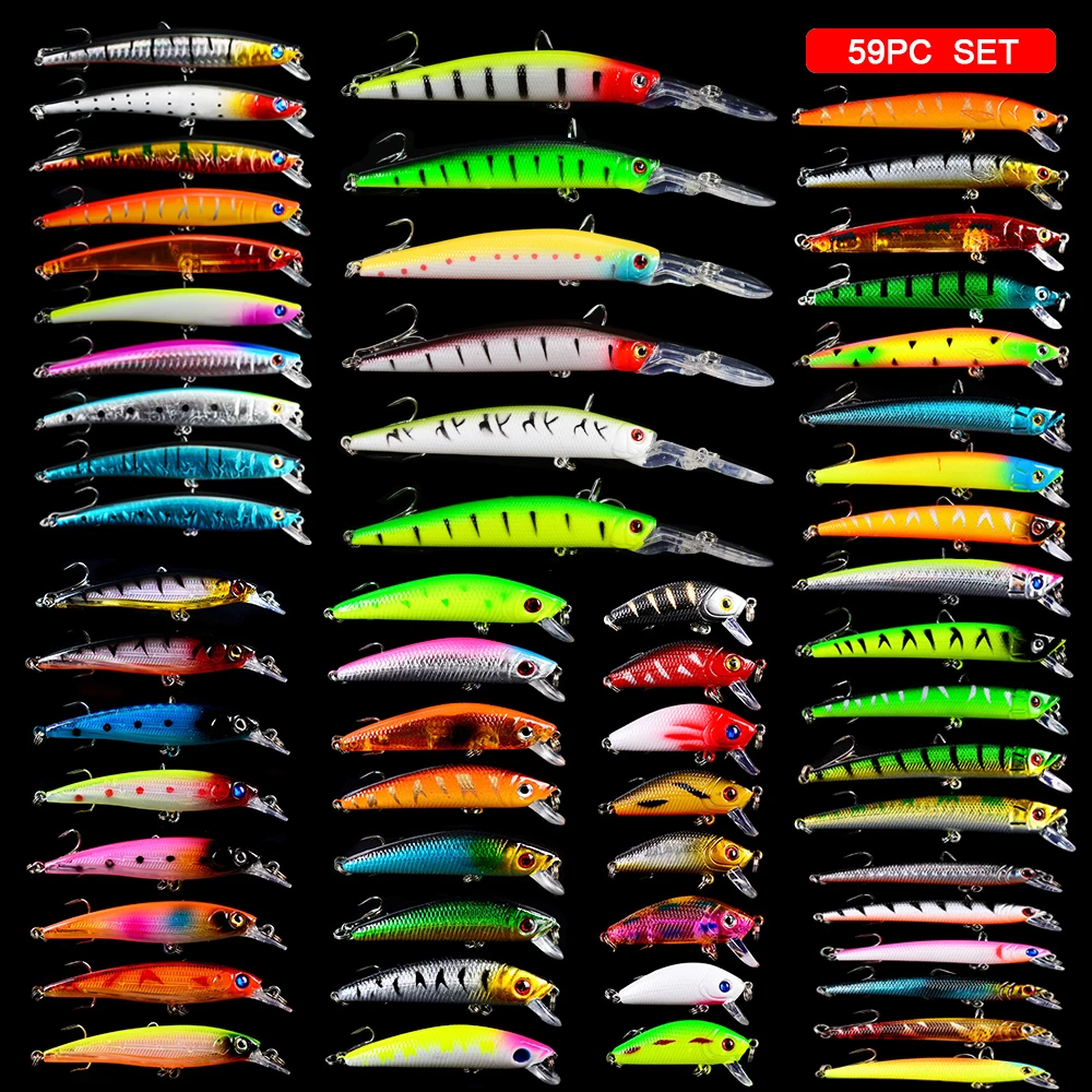 PROBEROS 59Pcs Fishing Bait Set Mixed Minnow VIB Lure Set Plastic Fake Bait Bass Floating Bionic Fishing Bait Wholesale