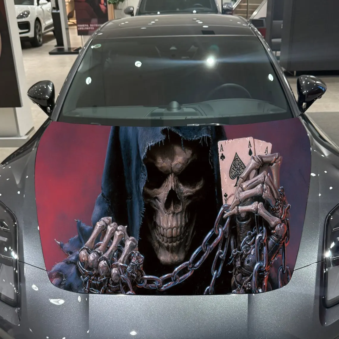 Grim Reaper Poker Dominance Scene PVC Car Hood Wraps, Self-Adhesive Waterproof Car Bonnet Decal Sticker, Car Decoration Protecti