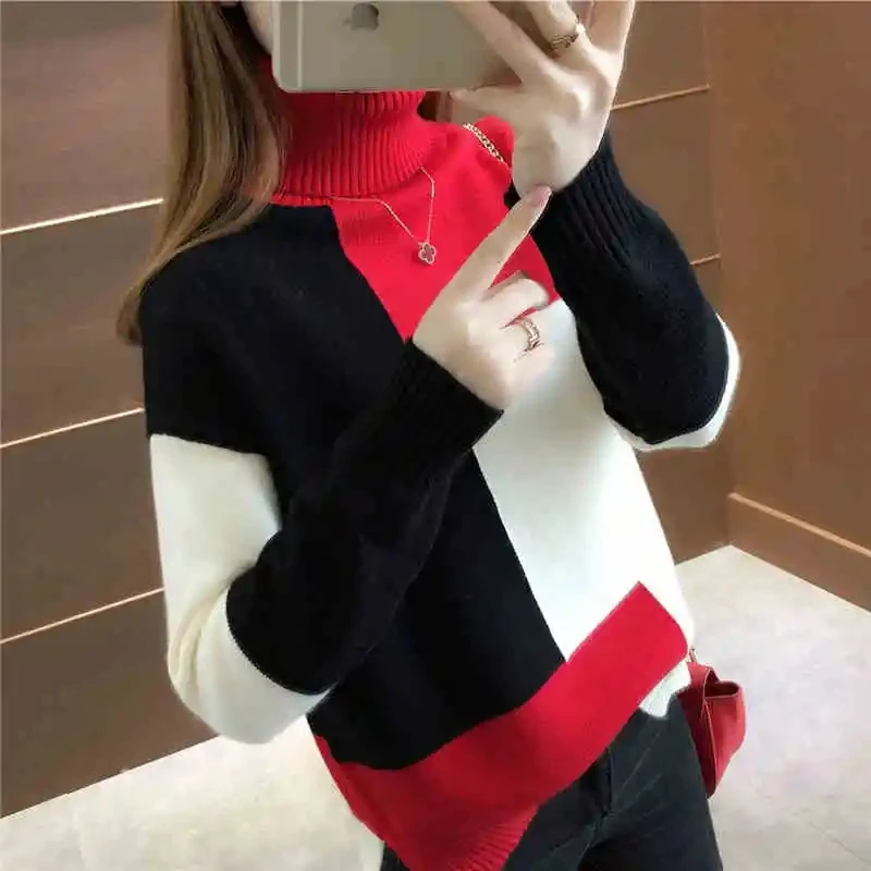 Women's Sweater 2023 New Autumn Winter Color Blocking Loose Sweaters Long Sleeve Turtleneck Jumper Soft Warm Pull Femme