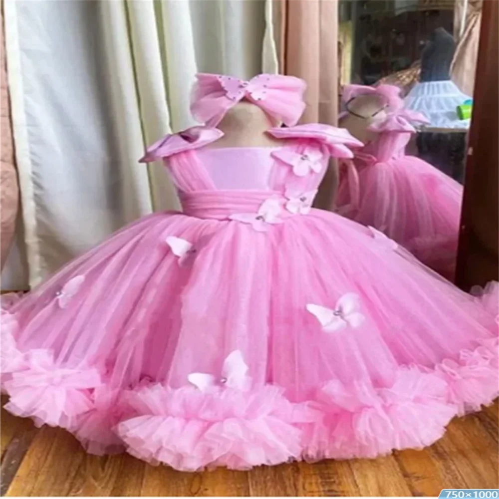 Lindo desfile de belleza vestidos de niña de flores lila para boda tul hinchado mariposas 3D princesa fiesta de cumpleaños vestidos de comunión de baile