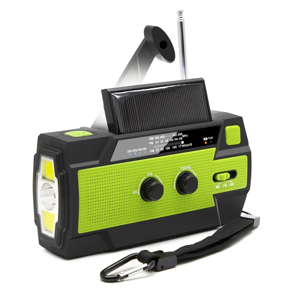 Multi functional emergency radio with flashlight, hand cranked power generation radio, solar portable power generation