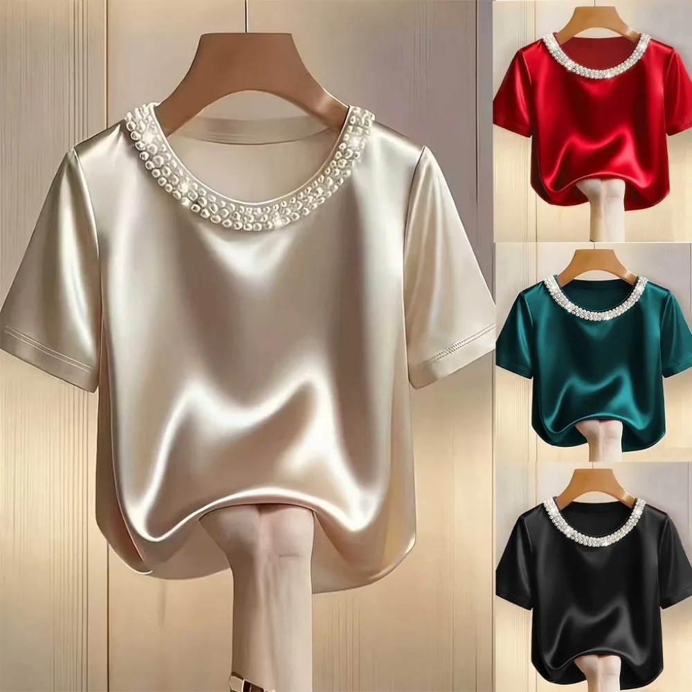 Light Luxury Loose Satin Silk T-Shirt Elegant Summer Women's Tops French Style Short Sleeve Top Office Dress
