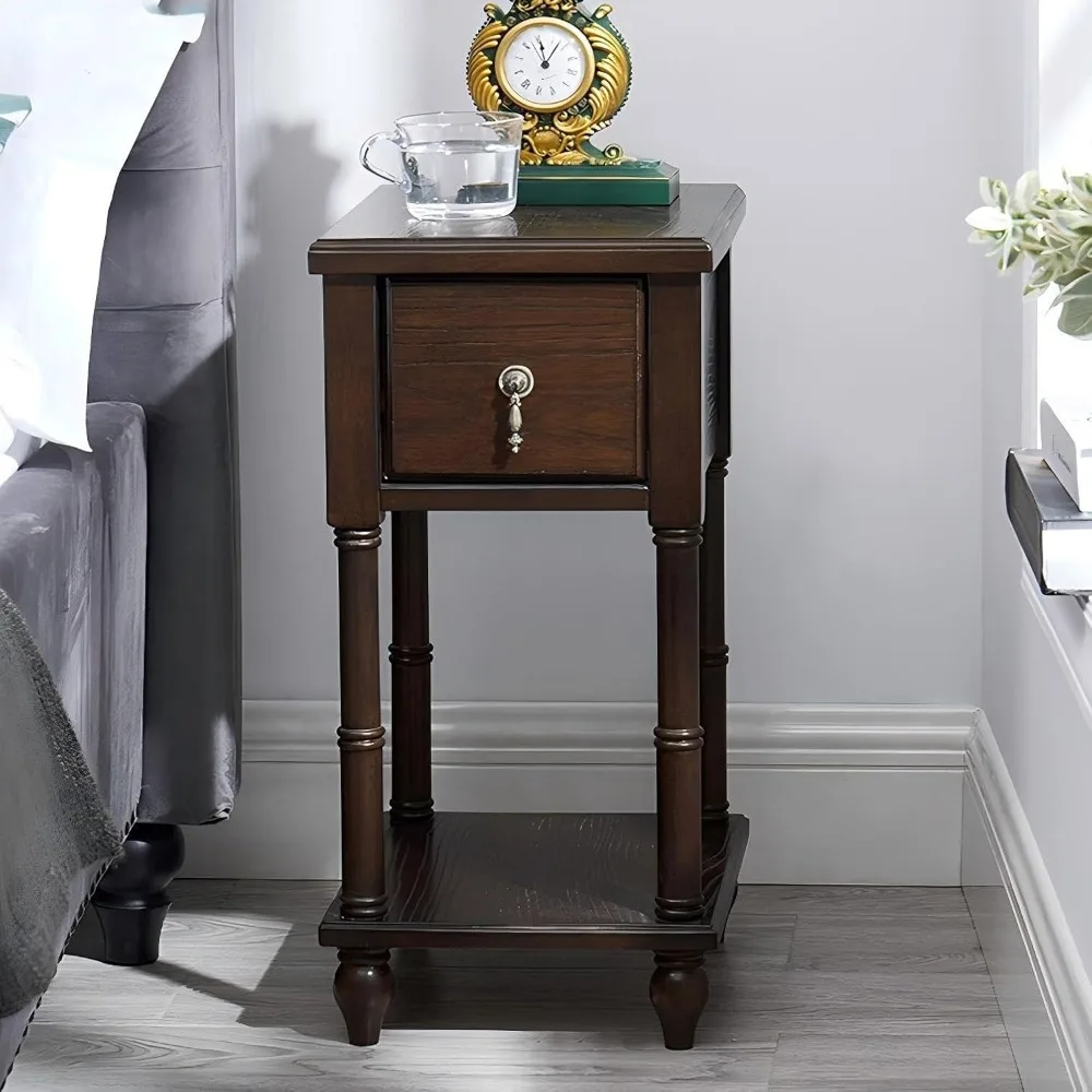 Comodino compatto a due livelli in legno massello con cassetto e ripiano per uso sul comodino