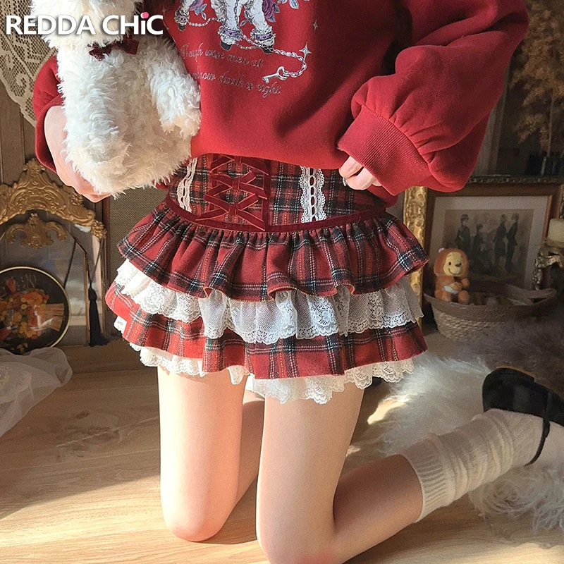 

REDDACHiC Retro Tartan Tiered Ruffle Mini Skirt Women High Waist Ribbon Lace Trim Plaid Cake Skirt Teen Girls JK School Uniform