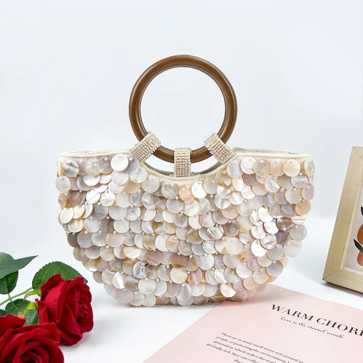 Golden Round Bead Handmade Bead Chain Bag, Light Luxury, Niche Design, Retro Small Square Bag, Crossbody Shoulder Bag