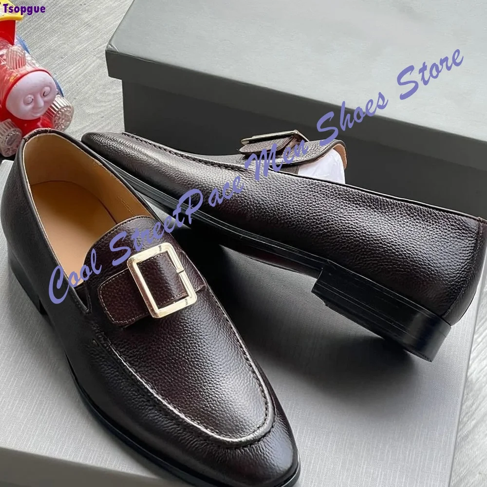Men Single Monk Strap Loafers Dark Brown Leather Shoes with Square Buckle Formal Business Wedding Dress Shoes for Male Men Shoes