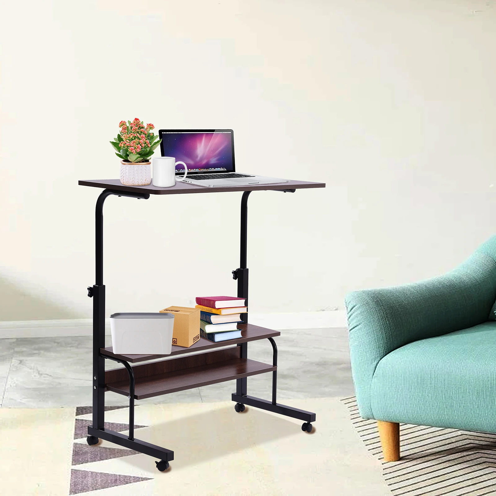 Mobile Side Table Laptop Desk Cart Tray Adjustable Rolling Sofa Table US