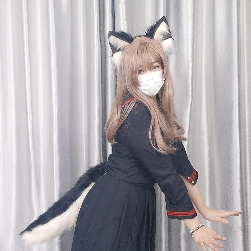 

Имитация собачьих ушей и хвоста: Пушистый головной убор в виде волчьих ушей, набор из искусственного меха для косплея, аксессуары и реквизит для аниме-костюмов