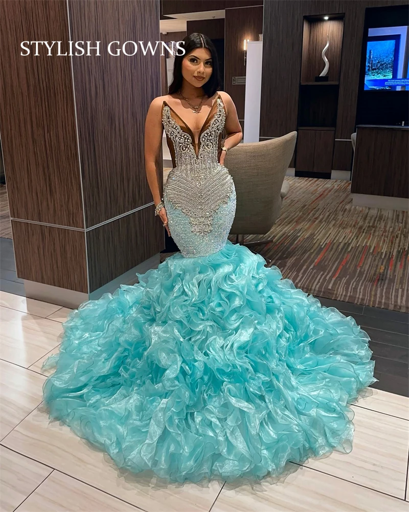 Green Long Prom Dresses Black Girls 2025 Rhinestone Bead Ruffles Birthday Pageant Party Gowns Seuqined Lace Up Back Customized