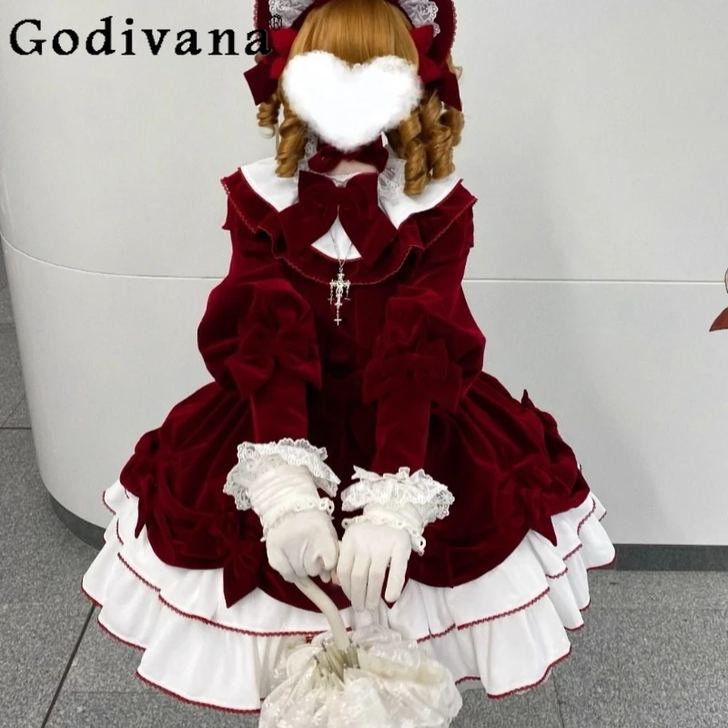

Red Velvet Cake Lolita Long Sleeve Dress Women Autumn Winter Wine Red Dress Female Spring Festival New Year Battle Dress