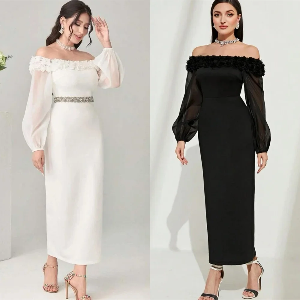 

Customized Mesprit High Quality Off-the-shoulder Sheath Anke Length Evening Dresses Rhinestone Flower Chiffon Homecoming