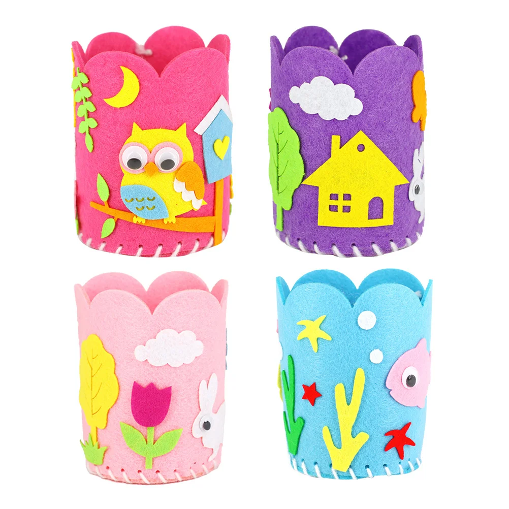 

4pcs Felt Pen Holder Diy Kids Craft Kit Educational Sewing Set For Children Cartoon Pencil Organizer Stationery Container