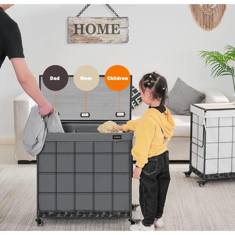

Laundry Hamper with Heavy Duty Caster Wheels; 3 Sections Clothes Hamper with Lid; 132L Laundry Basket with Removable Liner