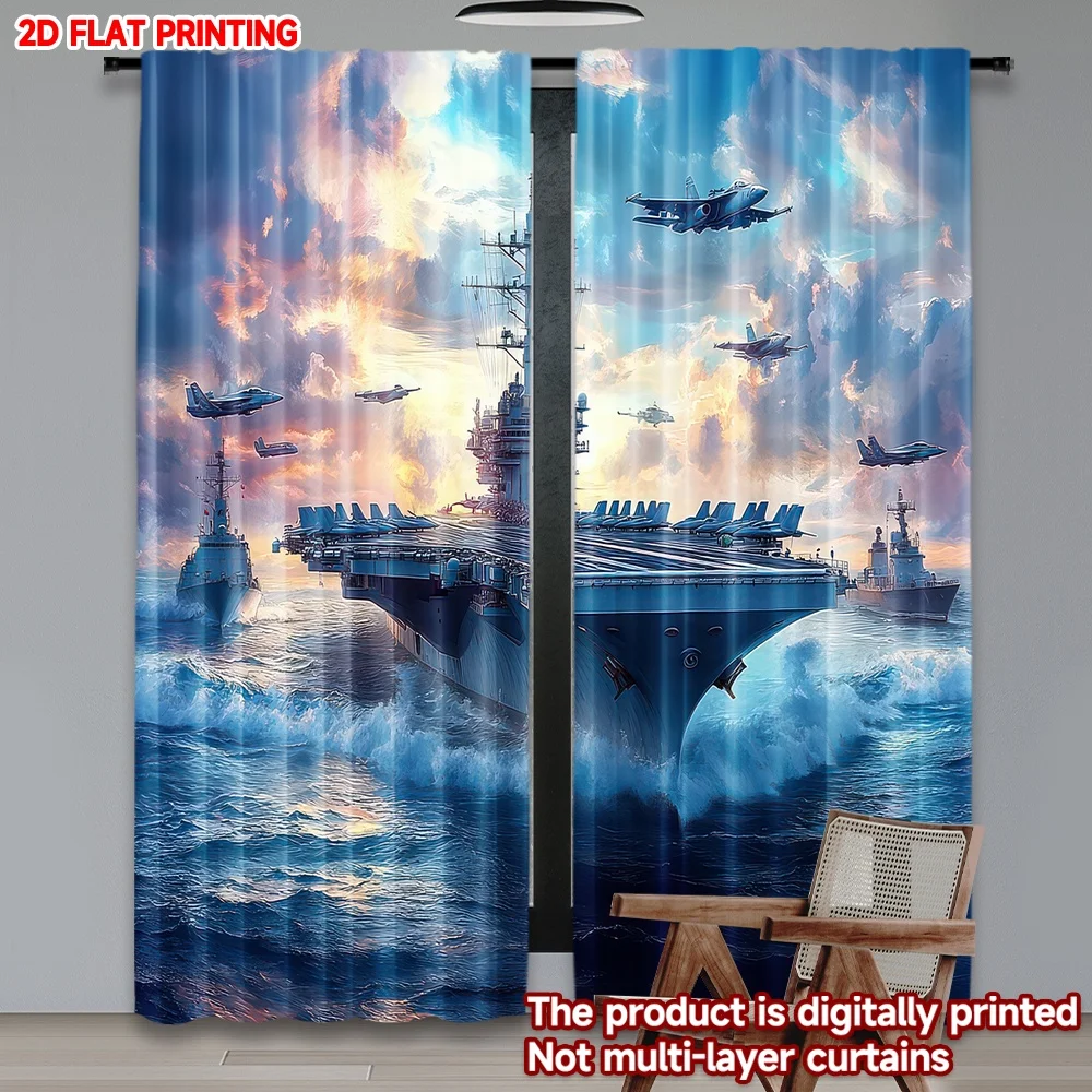 

2D flat printing 2pcs Drapes Aircraft Carrier at Sea Digital Printed Polyester Drapes Family Party Decoration Perfect for Indoor