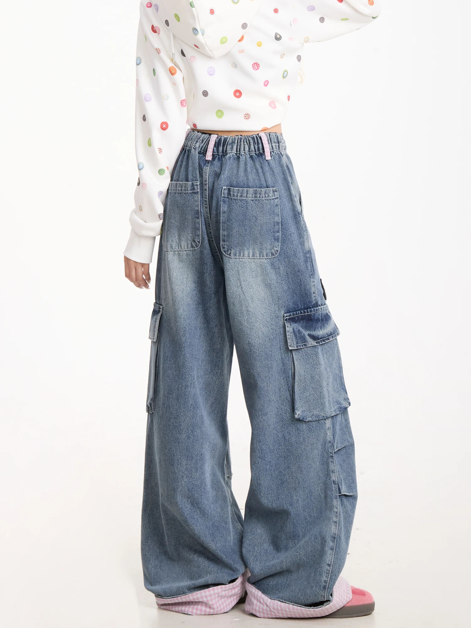 NERESUM Cartoon Embroidered Workwear Denim Pants Women's Retro Plaid Cuffed Straight Leg American Folded Wide Leg Pants