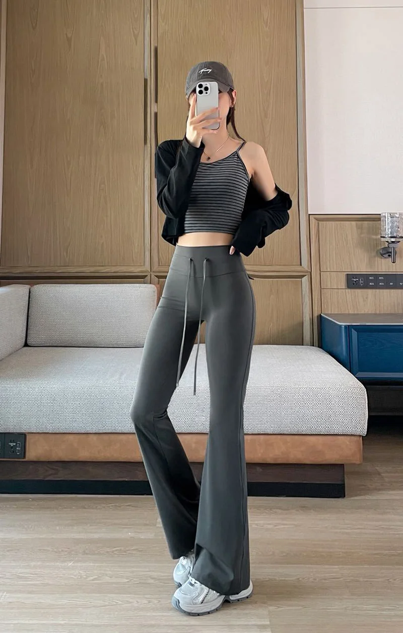 BIVIGAOS Autumn New Drawstring High Waist Micro Flared Leggings Women Slim Fit Elastic Fashionable Casual Sports Flared Pants