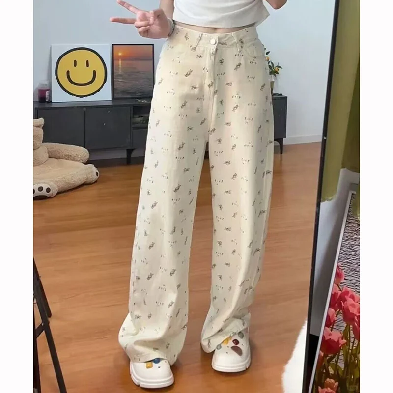 

Lady Korean Cute Printed White Jeans Female Chic Straight Leg Denim Pants Girls Leisure Fashion High Waist Trousers