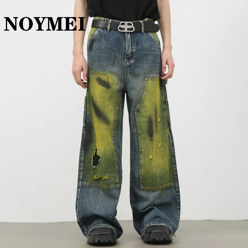 NOYMEI Hole Loose Men's Jeans Spring Summer New High Waist Contrasting Colors Patchwork Personality All-match Pants WA5298