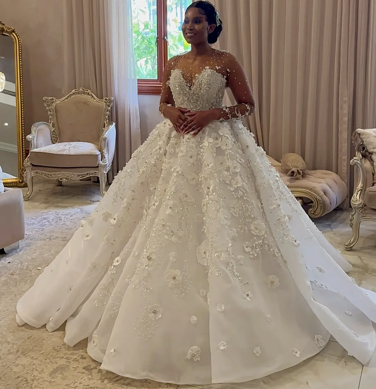 Customized Aso Ebi Plus Size Ball Gown Wedding Dress Beaded Floral Lace Tulle Full Sleeves Vintage Bridal Gowns Dresses
