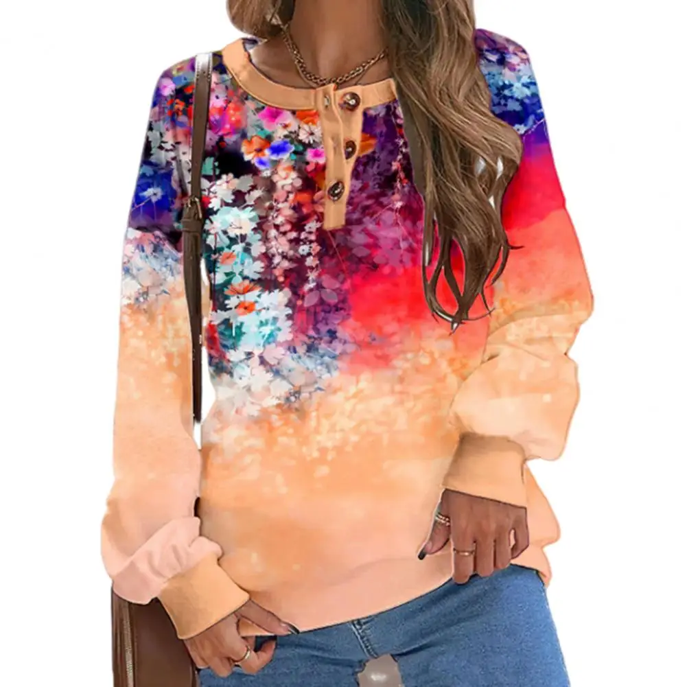 Frauen Sweatshirt Boho bunten Blumen druck Herbst Herbst o Hals 3 Knöpfe Dekor lose weiche Damen weibliche Sport lange Ärmel Top