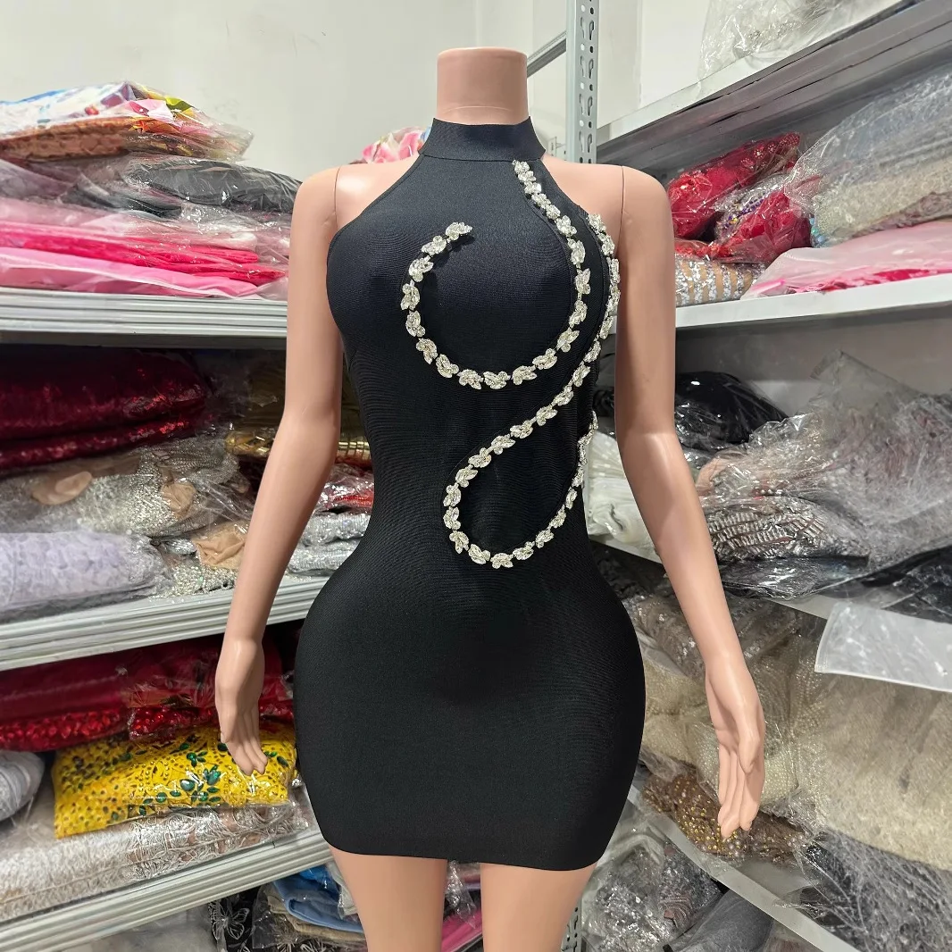 

Women Chic Black Sleeveless Turtleneck Bodycon Mini Crystal Embroidery Bandage Dress Summer High Street Evening Club Party Dress