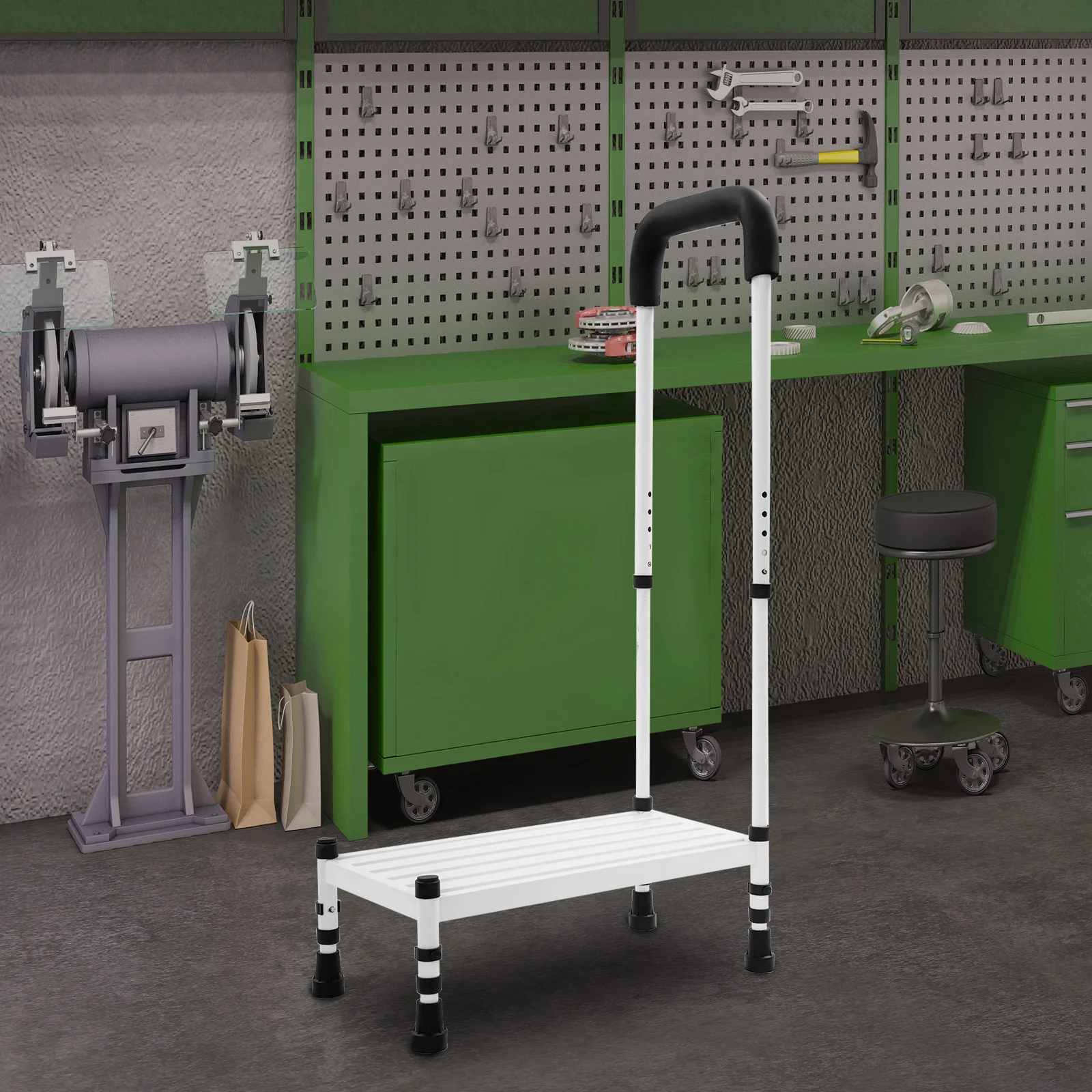 White Carbon Steel 99cm High One-step Bench with Adjustable Handrail Non-slip Stool Indoor Auxiliary Climbing Stool