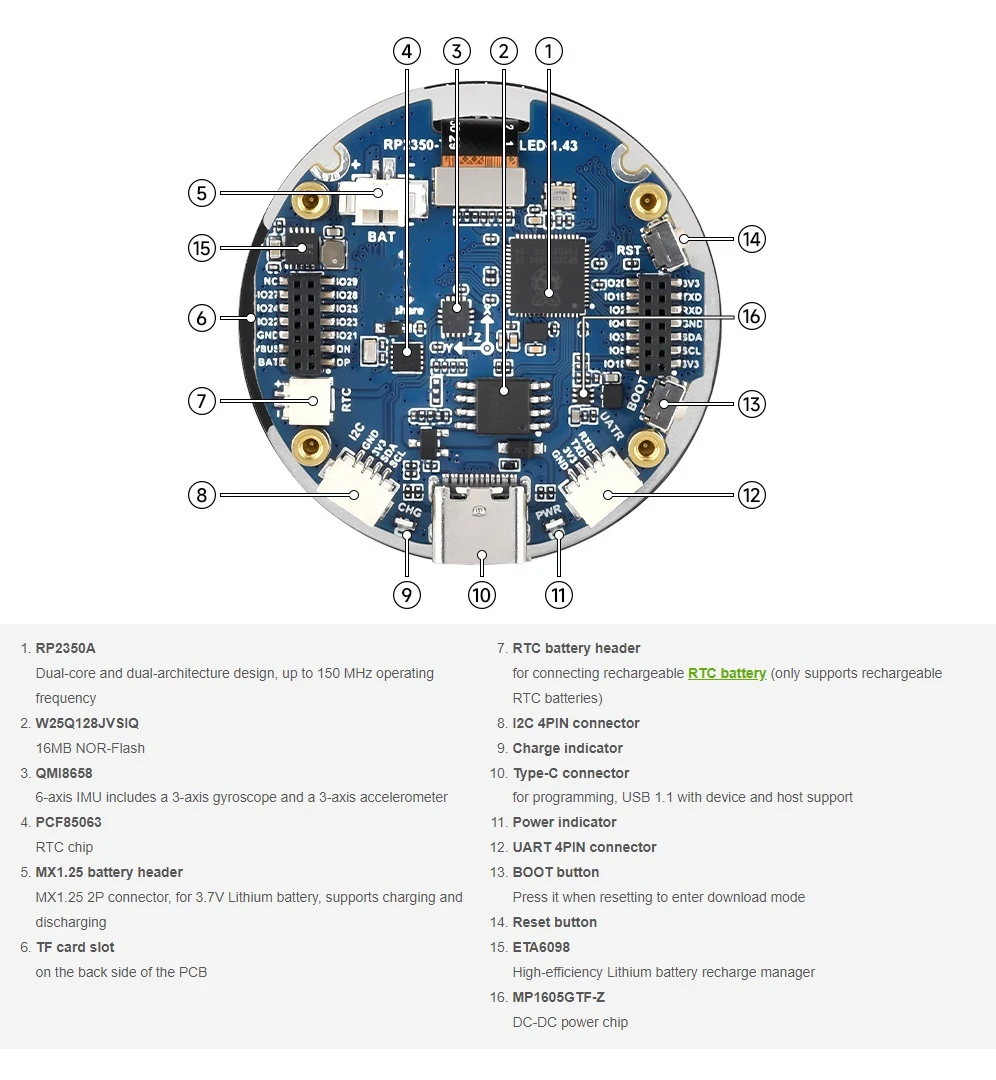 Placa de desenvolvimento de display RP2350 de 1,43 polegadas, display redondo de interface SPI, acelerômetro integrado e sensor giroscópio, chip RTC