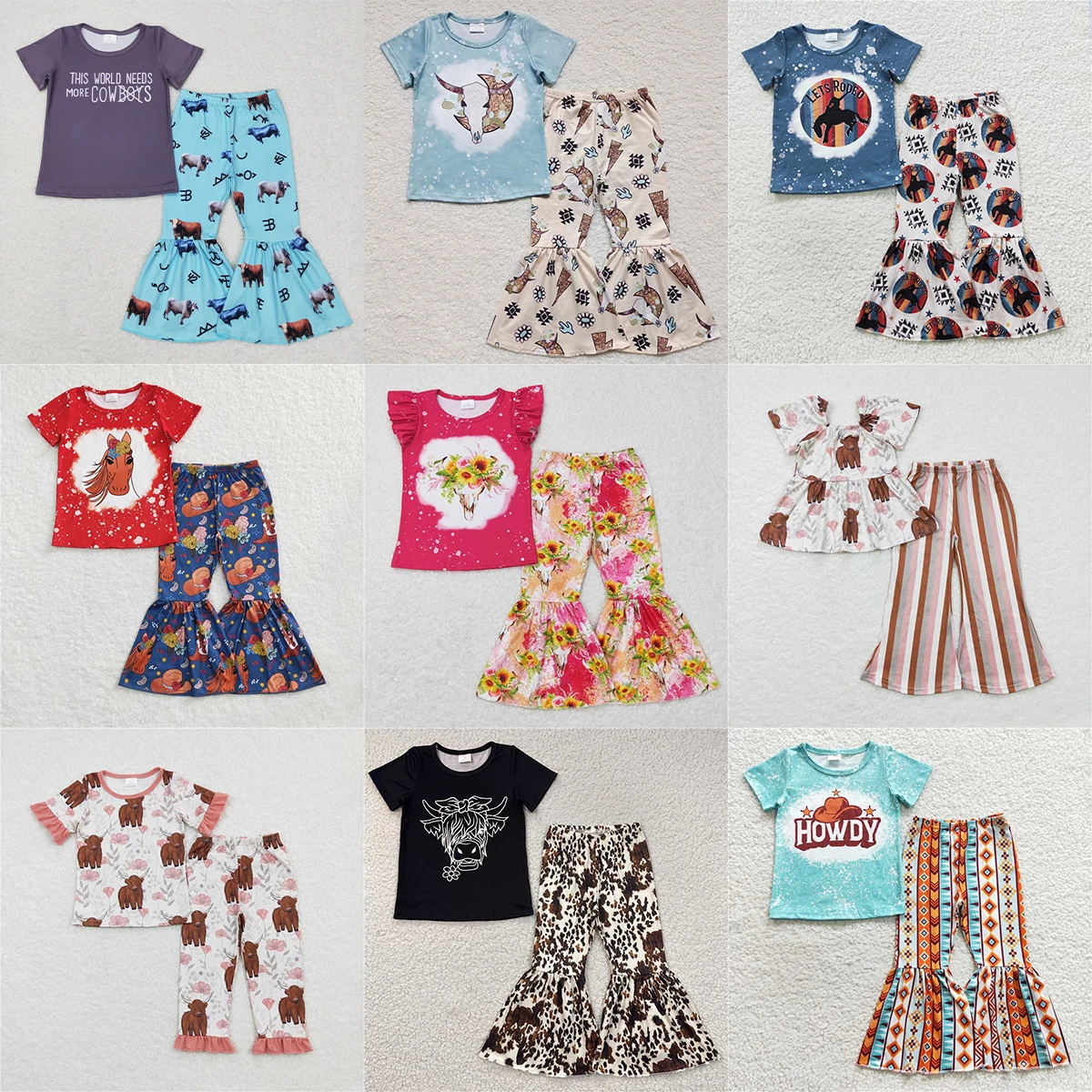 

Wholesale Children Kids Cow Print Outfit Baby Girl Short Sleeves Tops T-shirts Western Bell Pants Toddler Infant Boutique Set