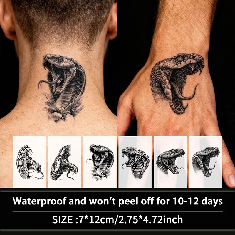 ملصقات وشم مؤقتة مقاومة للماء على شكل ثعبان شرسة وحشية، مقاومة للماء تدوم طويلاً لمدة أسبوعين، للذراع والساق والرقبة. #1