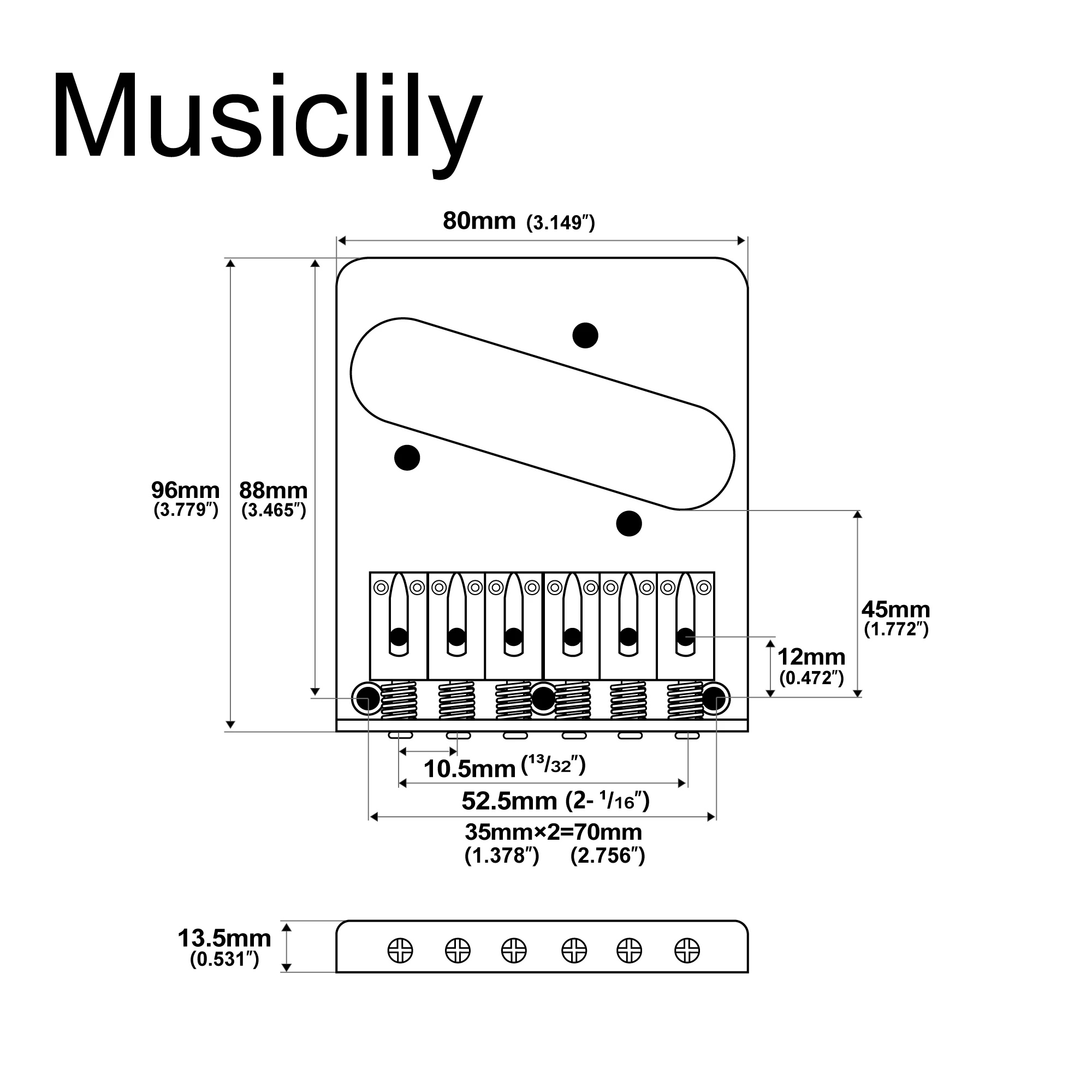 Wilkinson M Series 52.5mm(2-1/16 inch) Guitar Bridge with 6 Modern Style Saddles for Tele Style Electric Guitar