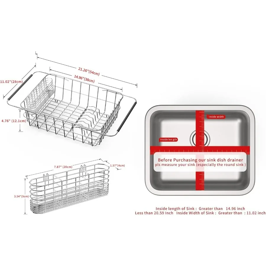 تجفيف أطباق من الفولاذ المقاوم للصدأ 304 قابل للتعديل في الحوض لتخزين سطح المطبخ مع تصميم قابل للتوسيع من 14.96 إلى 20.59 أ