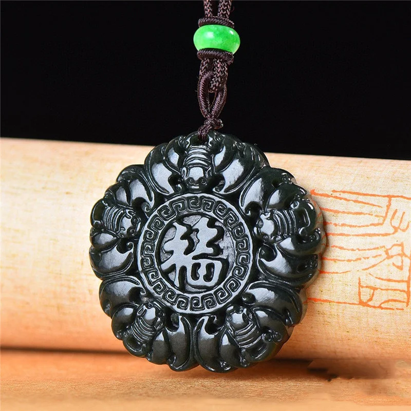 

Natural Hotan Jade Sapphire Bat Blessing Men's and Women's Five Blessing Pendant