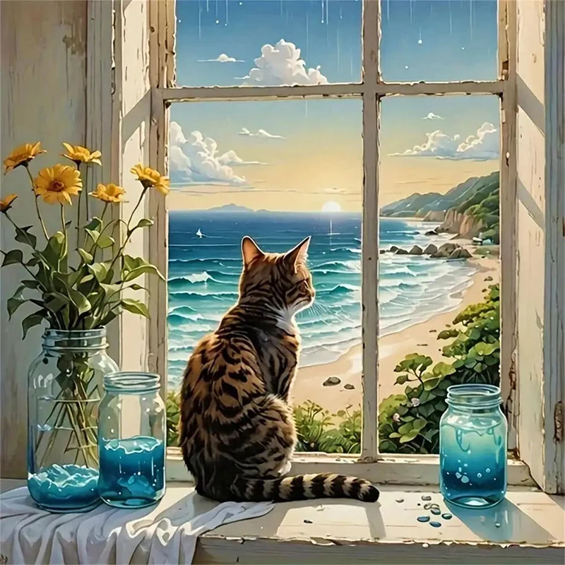 

The Cat Watching the Sea 5D Diamond Painting Full Diamond Art Embroidery Hotel Office Home Decor DIY Diamond Cross Stitch Kits