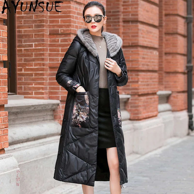 

AYUNSUE, женская куртка из натуральной овчины, 2022, толстовка с воротником из норки, зимняя одежда, длинное стильное пуховое пальто, женские пальто