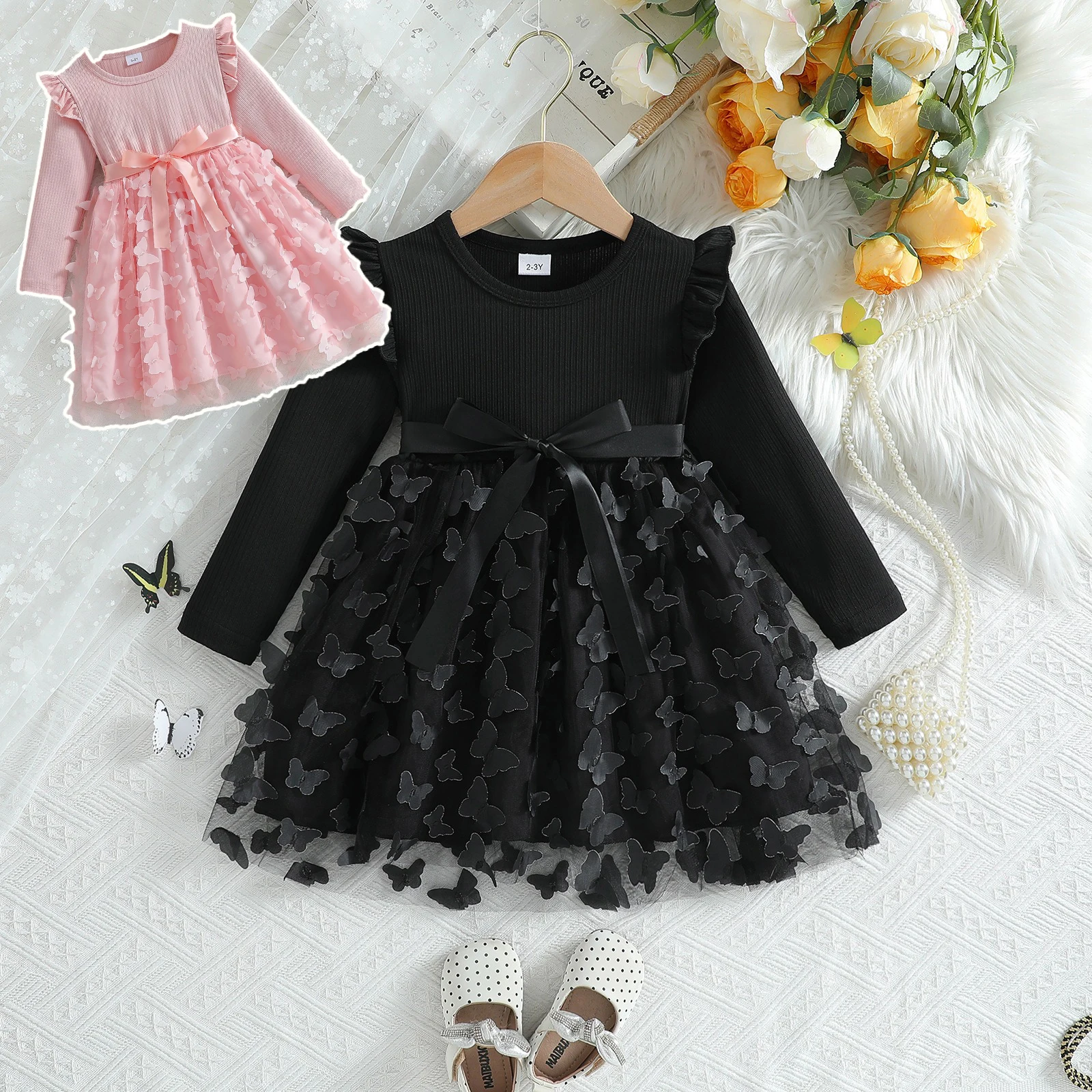 2025 Girls Dress Blue Pink Autumn Princess Dress Kids Clothes Birthday Party Dress Black Long-sleeved for Children Fashion 1-6Y