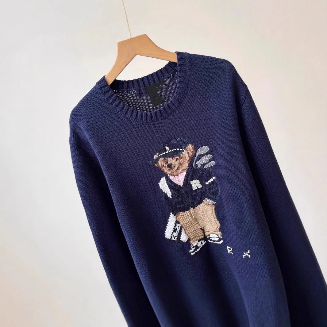 Loose American Style Bear Embroidery Knitwear Sweater for Men And Women Cotton Thickened Winter Fashion Ladies' Clothing