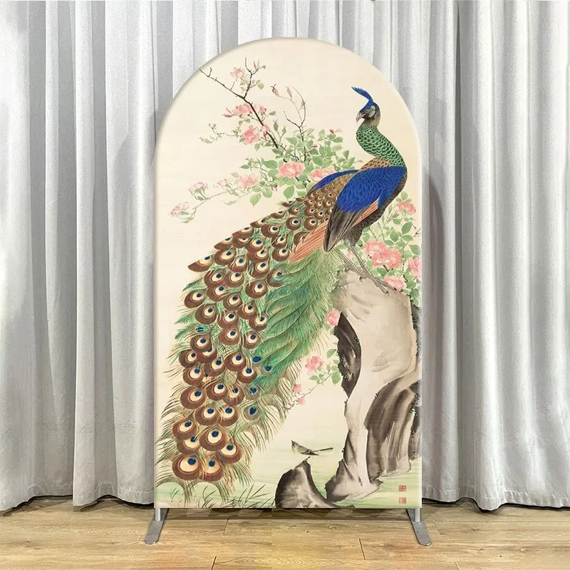 Single Side Arch Backdrop Cover Elegant Peacock Garden Background Cloth for Party Decorations Featuring Vibrant Peacocks Perched
