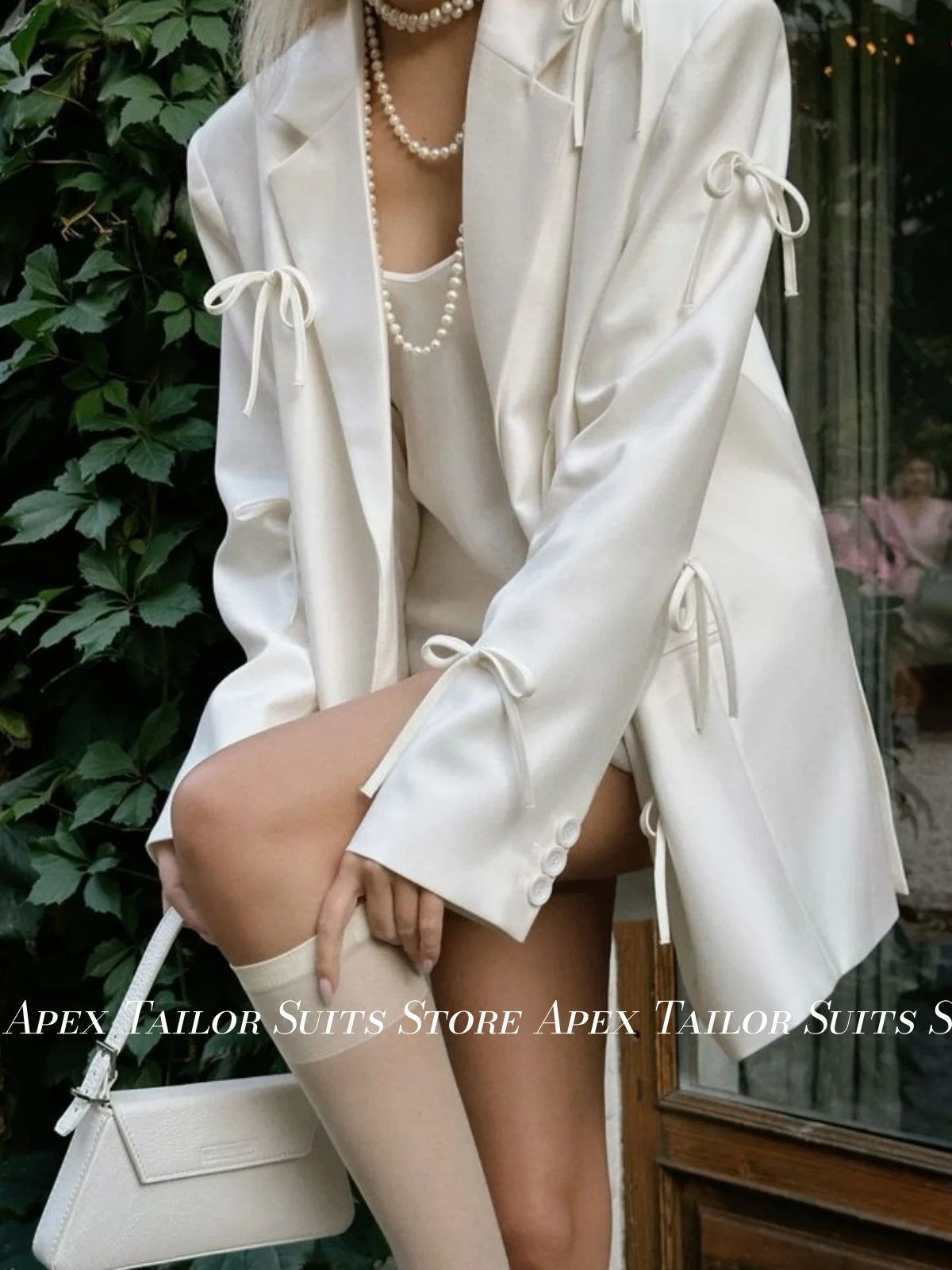 Elegant Sweet Women Ivory Satin Blazer Jacket Bow Notched Lapel Oversized Loose Long Sleeve Ladies Casual Suit Coat Customized